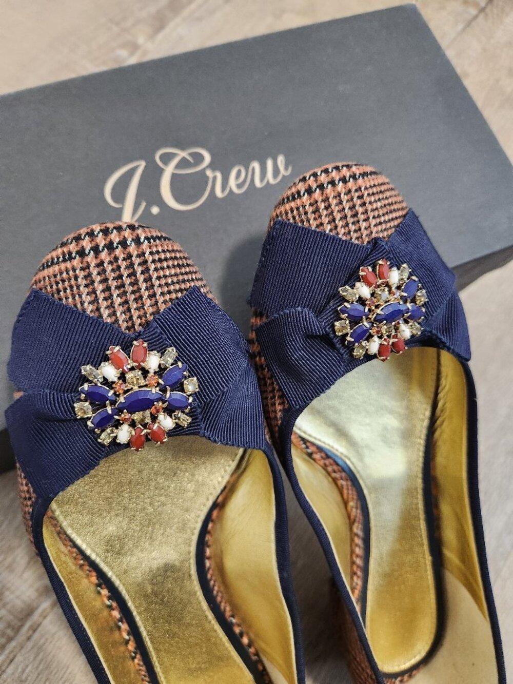 J.Crew Rust Navy Plaid Jeweled Bow Ballet Flats Size 6